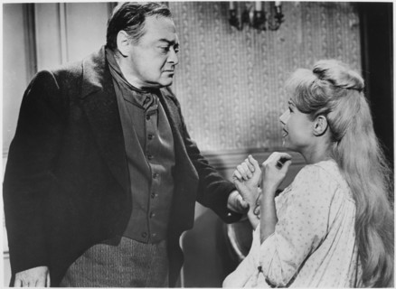 Peter Lorre, Joyce Jameson, on-set of the Film, "Tales of Terror", 1962