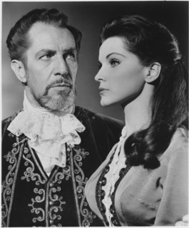 Vincent Price, Debra Paget, on-set of the Film, "The Haunted Palace", 1963