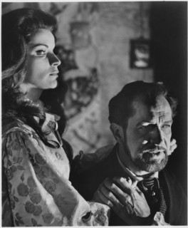 Debra Paget, Vincent Price, on-set of the Film, "The Haunted Palace", 1963
