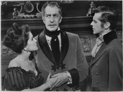 Debra Paget, Vincent Price, David Frankham, on-set of the Film, "Tales of Terror", 1962