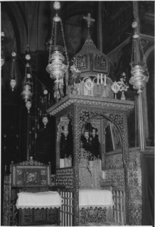 Throne of St. James the Less (R), Seat of Armenian Orthodox Patriarch (L), Cathedral of St James, Old City, Jerusalem, 1960