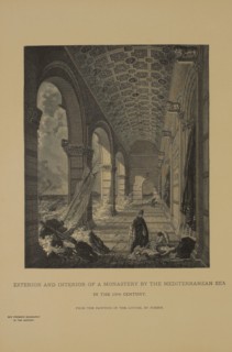 Exterior and Interior of a Monastery by the Mediterranean Sea in the 13th Century, Woodcut Engraving from the Original Painting by Louis Nicolas Philippe Auguste de Forbin, The Masterpieces of French ...