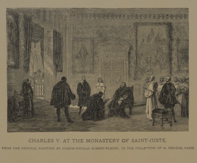 Charles V at the Monastery of Saint-Juste, Woodcut Engraving from the Original 1856 Painting by Joseph-Nicolas Robert-Fleury, The Masterpieces of French Art by Louis Viardot, Published by Gravure Goup...