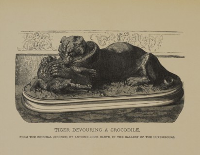 Tiger Devouring a Crocodile, Woodcut Engraving of the Original 1831 Bronze Sculpture by Antoine-Louis Barye, The Masterpieces of French Art by Louis Viardot, Published by Gravure Goupil et Cie, Paris,...