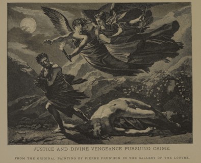 Justice and Divine Vengeance Pursuing Crime, Woodcut Engraving from the Original 1808 Painting by Pierre-Paul Prud'hon, The Masterpieces of French Art by Louis Viardot, Published by Gravure Goupil et ...