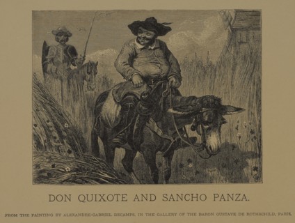 Don Quixote and Sancho Panza, Woodcut Engraving from the Original Painting by Alexandre-Gabriel Decamps, The Masterpieces of French Art by Louis Viardot, Published by Gravure Goupil et Cie, Paris, 188...