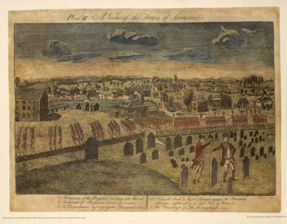 A View of the Town of Concord, Plate II, by Ralph Earl, 1775, Hand-Colored Etching and Engraving by Amos Doolittle, Printed by R. R. Donnelley & Sons Company