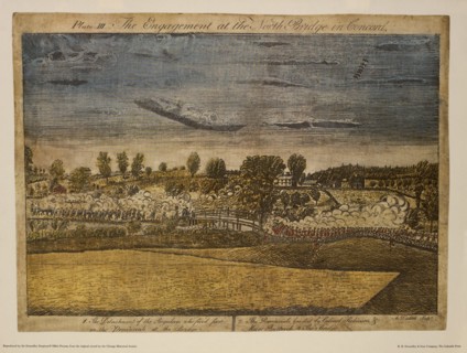 The Engagement of the North Bridge in Concord, Plate III, by Ralph Earl, 1775, Hand-Colored Etching and Engraving by Amos Doolittle, Printed by R. R. Donnelley & Sons Company