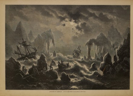 Polar Night at Spitsbergen (Polarnacht bei Spitzbergen), Woodcut Engraving after the Original painting by Albert Rieger, Um die Welt Newspaper, Germany, July 1882