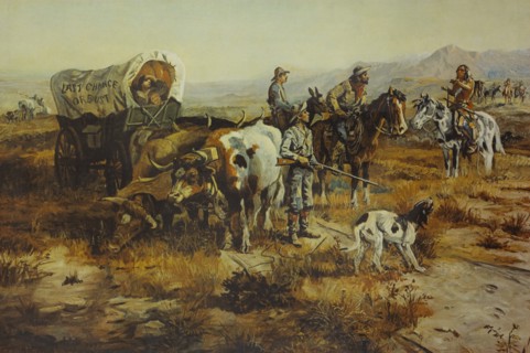 Last Chance or Bust, Wagon Train Confronted by Native Americans, Western Frontier, 1870