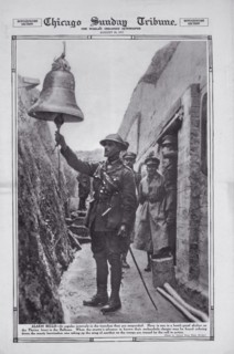 Officer Ringing Alarm Bell in Trench, Florina Front Line, Balkans, WWI, Chicago Sunday Tribune, August 26, 1917