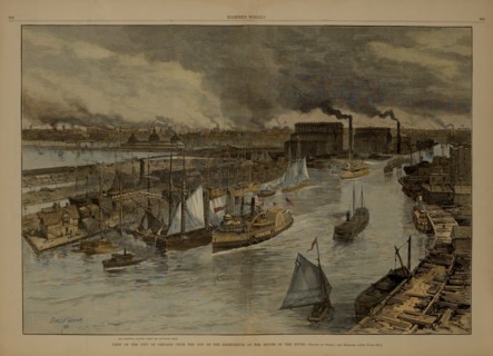 View of the City of Chicago from the top of the Light-House at the Mouth of the River, Drawn by Schell and Graham, Harper's Weekly, June 7, 1884