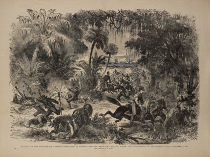 Retreat of the Confederate Garrison Commanded by General Drayton, From Fort Walker, during the Bombardment by the Federal Fleet, November 7, 1861, from a sketch by W.T. Crane