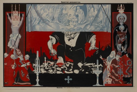 Anti-Religion Propaganda Poster, "Christ is Born", Bezbozhnik u Stanka Magazine, Illustration by Dmitry Moor, Russia, 1920's