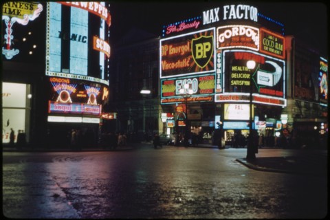 Street Scene at Night, Piccadilly Circus, North Side, London, England, UK, 1960