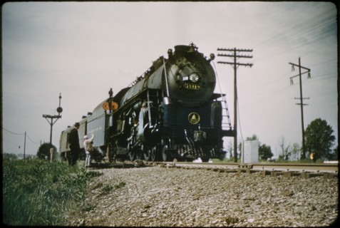 Man with Young Boy Waving to B&O Railroad Steam Locomotive Train, 1960's