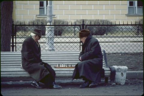 Two Men Playing Chess in Park, Leningrad (St. Petersburg), U.S.S.R., 1958