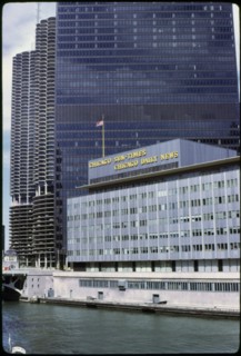 Chicago Sun-Times, Chicago Daily News Building with Marina Towers in Background along Chicago River, Chicago, Illinois, USA, 1972