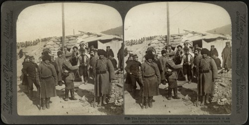 The Surrender-Japanese Sentinels Relieving Russian Sentinels in an outer fort, Port Arthur, Stereo Card, Underwood & Underwood, 1905