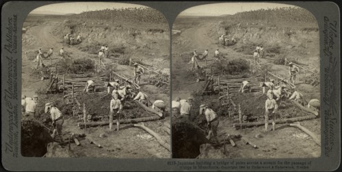 Japanese building a bridge of poles across a stream for the passage of troops in Manchuria, Stereo Card, Underwood & Underwood, 1906