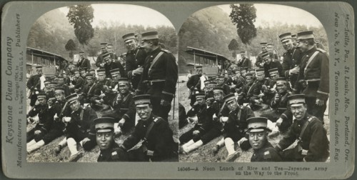 A Noon lunch of rice and tea-Japanese army on the way to the front, Stereo Card, Keystone View Company, 1904