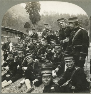 A Noon lunch of rice and tea-Japanese army on the way to the front, Single Image of Stereo Card, Keystone View Company, 1904