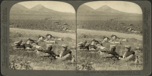 Advancing across an open field-Japan's sturdy soldiers at Port Arthur, Stereo Card, Underwood & Underwood, 1905