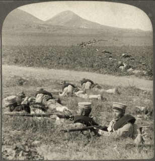 Advancing across an open field-Japan's sturdy soldiers at Port Arthur, Single Image of Stereo Card, Underwood & Underwood, 1905