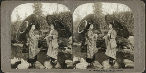 Japanese belles in Rainy Day Costume, Stereo Card, C.H. Graves, Universal Photo Art, 1902