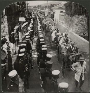 Buddhist Priests in Funeral Procession of Officers killed at Port Arthur, Hiroshima, Japan, Single Image of Stereo Card, J.J. Killelea & Co., 1906