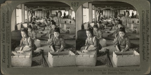 Girls Putting the Finishing Touches on Bamboo Baskets, Japan, Stereo Card, Keystone View Company, 1905