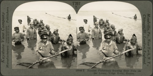 Russian Fishermen Drawing their Nets on the Lower Volga River, Russia, Stereo Card, Keystone View Company, early 1900's