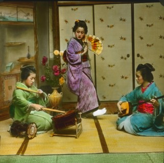 Two Musicians and Dancing Girl, Yokonawa, Japan, Hand-Colored Magic Lantern Slide, Newton & Company, 1920