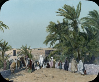 Villagers and Palm Trees, Africa, Hand-Colored Magic Lantern Slide, Newton & Company, 1920