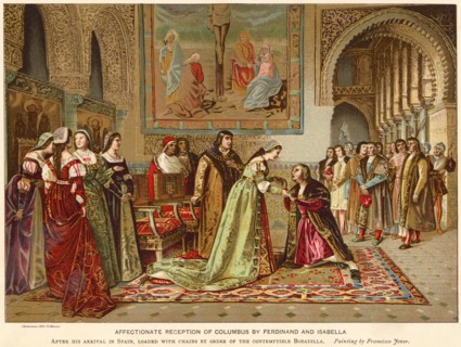 Affectionate Reception of Columbus by Ferdinand and Isabella after his Arrival in Spain, Loaded with Chains by Order of the Contemptible Bobadilla, Chromolithograph from a Painting by Francisco Jover,...