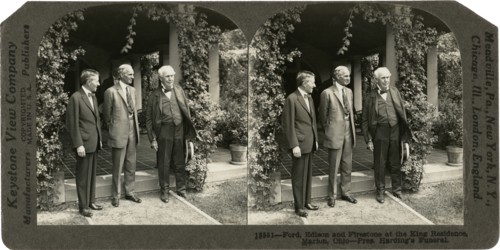Harvey Firestone, Henry Ford & Thomas Edison  at King Residence during U.S. President Warren G. Harding's Funeral, Marion, Ohio, USA, Stereo Card, Keystone View Company, August 1923