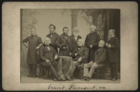 David Farragut (standing left), Ulysses S. Grant (standing center), George Peabody (seated left) with other Union Officers and Statesmen after the end of the American Civil War, Portrait, 1865