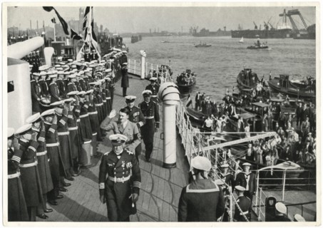 Adolf Hitler being Greeted by Naval Crew while Reviewing the Battleship Schleswig-Holstein, Hamburg, Germany, 1936