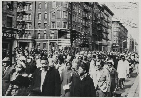 Crowd of Mourners, some Carrying Flags, Marching down 7th Avenue near 112th Street on way to Attend Memorial Service for Dr. Martin Luther King Jr. in Central Park, New York City, New York, USA, April...