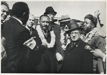 Martin Luther King Jr., Accompanied by Dr. Ralph Bunche and Reverend Ralph Abernathy, Meeting with Teacher Union Leaders at Start of Memphis March, Memphis, Tennessee, USA, March 21, 1965