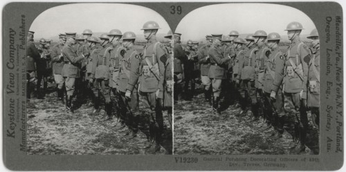 General Pershing Decorating Officers of 89th Division, Treves, Germany, Stereo Card, Keystone View Company, 1918