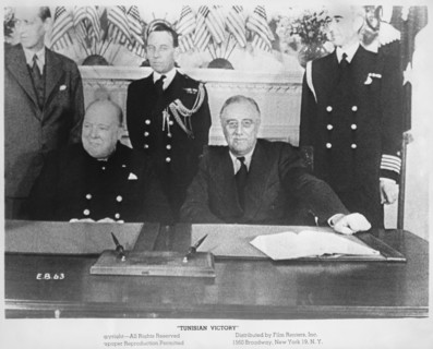 British Prime Minister Winston Churchill (L) and U.S. President Franklin Roosevelt meeting at White House during World War II, June 19, 1942, publicity still from the Propaganda Film, "Tunisian Victor...