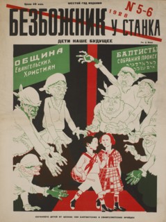 Soviet Propaganda Magazine Cover, Bezbozhnik u Stanka (Atheist at his Bench) Magazine, Illustration by Dmitry Moor, Issue 5-6, 1928