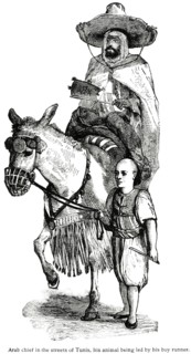 Arab Chief on Horse being led by Boy Runner, Tunis, Tunisia, 1860, Illustration, Classical Portfolio of Primitive Carriers, by Marshall M. Kirman, World Railway Publ. Co., Illustration, 1895