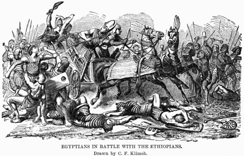 Egyptians in Battle with Ethiopians, Illustration by C.F. Klimsh, Cyclopaedia of Universal History, Volume 1, The Ancient World, by John Clark Ridpath, the Jones Brothers Publishing Company, 1885