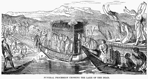 Funeral Procession Crossing Lake of the Dead, Illustration, Cyclopaedia of Universal History, Volume 1, The Ancient World, by John Clark Ridpath, the Jones Brothers Publishing Company, 1885