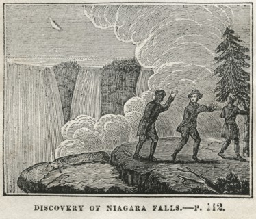 Discovery of Niagara Falls, Illustration from the Book, Historical Cabinet, L.H. Young Publisher, New Haven, 1834