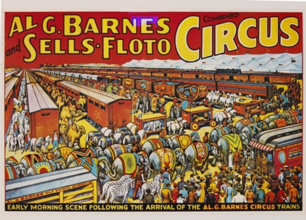 Al G. Barnes and Sells-Floto Combined Circus, Early Morning Scene Following the Arrival of the Al G. Barnes Circus Trains, Circus Poster, Lithograph, 1937