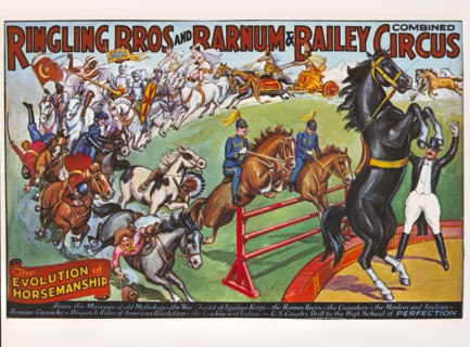 Ringling Bros and Barnum & Bailey Combined Circus, The Evolution of Horsemanship, Circus Poster, Lithograph, 1930's