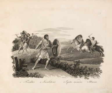 1. Funditor 2. Faculatores 3. Equites Numidici 4. Murices, Roman Empire, Engraving, G. Dobler, 1819